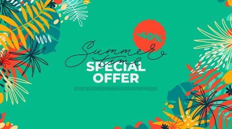Summer time special offer horizontal banner with tropical leaves and flat e.. Stock Illustration