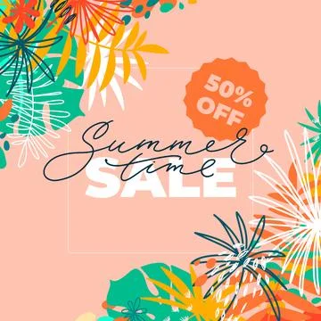 Summer time special offer horizontal banner with tropical leaves and flat ele Stock Illustration