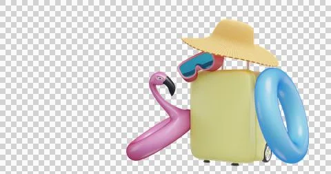 Summer time suitcase hat inflatable circle glasses on isolated background Illustrazione stock