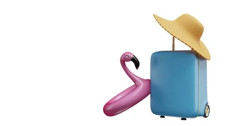 Summer time suitcase straw hat inflatable flamingo on isolated background. Illustrazione stock