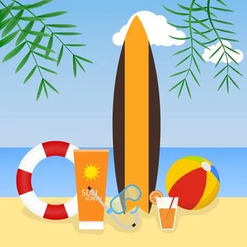 Summer time. Surfboard, life ring, beach ball on the background of the sea. Stock Illustration