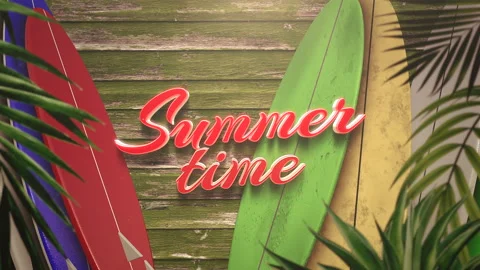 Summer Time with surfing boards with tropical leaves Vídeo Stock 166370888