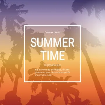 Summer Time Template Poster Background With Palm Trees Over Sunset Landscape Illustrazione stock