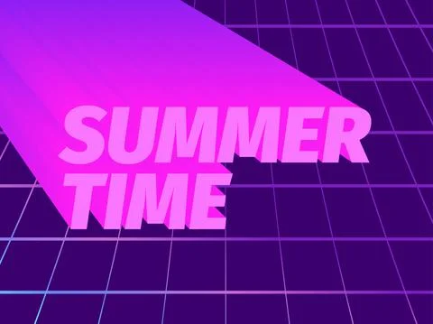 Summer time text in 80s style. Virtual reality grid background. Synthwave Stock Illustration