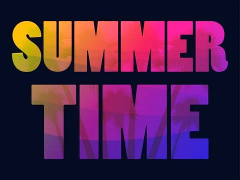 Summer time. Text with palm trees on a black background. Gradient yellow and  Stock-Illustration