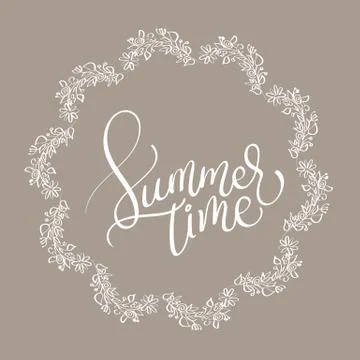 Summer time text in vingage round frame on brown background. Hand drawn Stock-Illustration