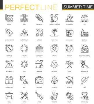 Summer time thin line web icons set. Vacation travel outline stroke icons design Stock Illustration