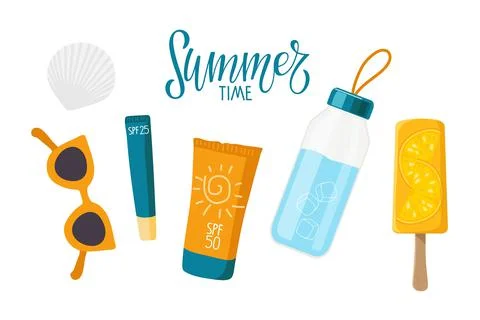 Summer time. Things necessary on beach for health. Sunscreen cosmetics, water Stock Illustration