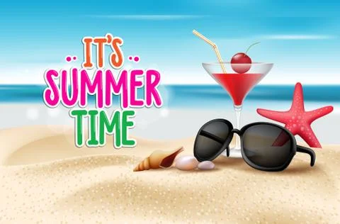 Summer Time Title in Sand and Horizon Background with Cocktail Glass Stock Illustration