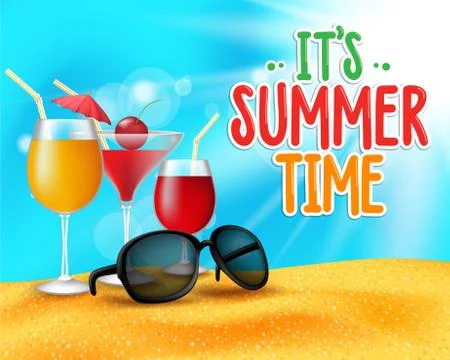Summer Time Title in Sand and Horizon Background with Drinks or Cocktail Glasses Stock Illustration