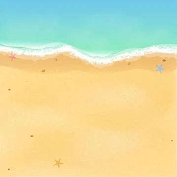 Summer time. Top view of an exotic empty beach with sea stars and seashells. Stock Illustration