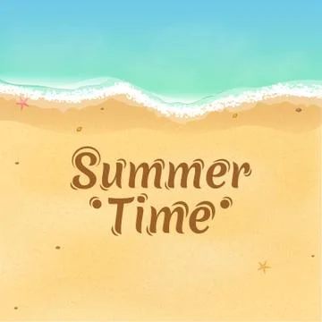 Summer time. Top view of an exotic empty beach with sea stars and seashells. Stock Illustration