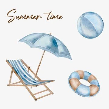 Summer time with umbrella, inflatable circle, ball, and lounger in blue wat.. Stock Illustration
