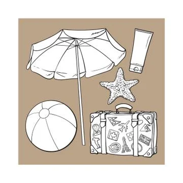 Summer time vacation attributes - umbrella, suitcase, sunscreen and ball Stockillustratie