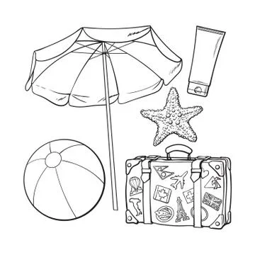 Summer time vacation attributes - umbrella, suitcase, sunscreen and ball Stock Illustration