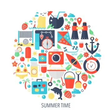 Summer time vacation flat infographics icons in circle - color concept Stock Illustration