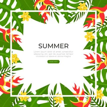 Summer Time Vacation with Rectangular Frame of Tropical Foliage and Flora Vector Stock Illustration