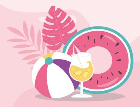 Summer time vacation tourism float beach ball and cocktail Illustrazione stock