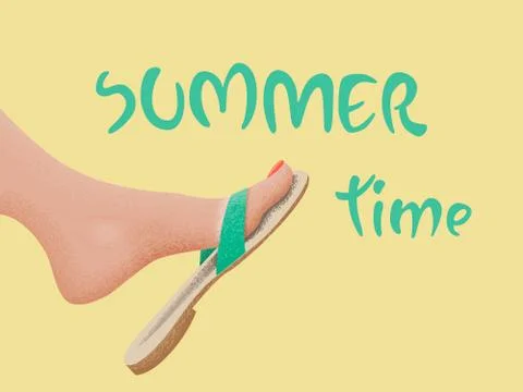 Summer time vector banner design with tanned kicking bare foot in sandal on the Stock Illustration