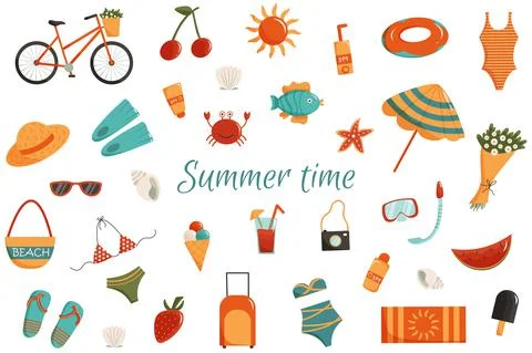 Summer time vector clip art. Set of summer clothes, fruits, beach and vacatio Stock Illustration