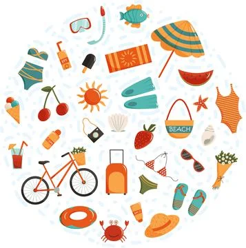 Summer time vector clip art. Set of summer clothes, fruits, beach and vacatio Stock Illustration