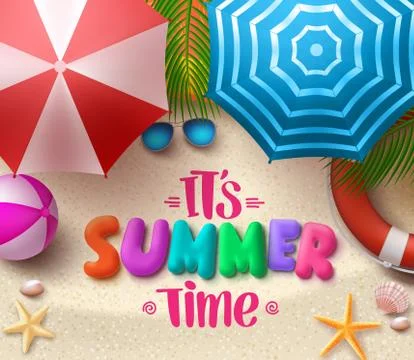 Summer time vector colorful text in the sand with beach umbrellas Stock Illustration