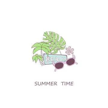 Summer time vector concept with sunglasses,green palms,flovers イラスト素材