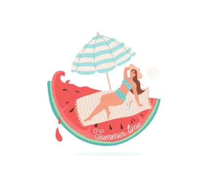 Summer time vector illustration. Beautiful smiling girl lie on towel under Stock Illustration