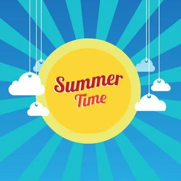 Summer time vector illustration of stylized sky and sun with clouds background Stock Illustration