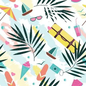 Summer time vector seamless pattern with colorful beach elements isolated on Stock Illustration