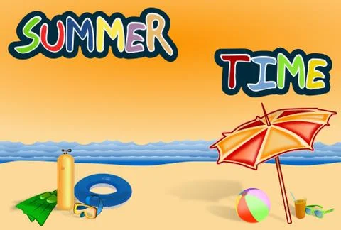 Summer time writing with beach gears and sea Stock Illustration