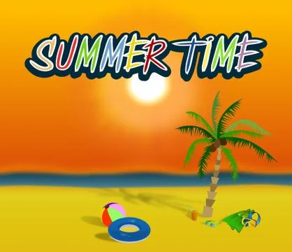 Summer time writing with sun, beach gears, palm and sea Stock Illustration