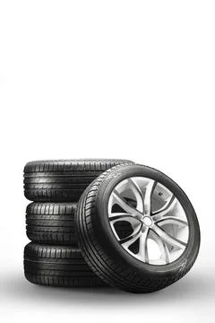 Summer tires and wheels - stack on a white background, new wheels vertical photo Stock Photos