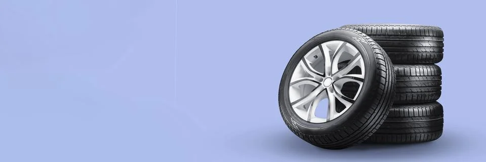 Summer tires and wheels-stack on blue background, new wheels long blank layout Stock Photos