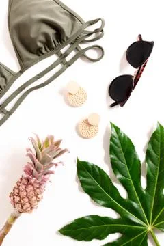 Summer top view of green leaf, decorative pineapple, Stock Photos