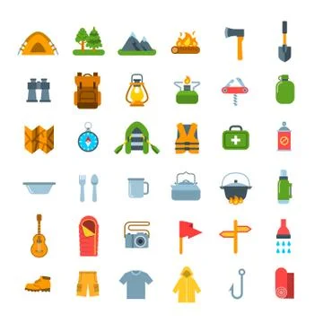 Summer tourism camping vector flat icons Stock Illustration