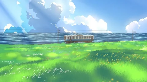 Summer Train Through Japanese Seaside - Anime Rural Landscape Loop 4K Stock Footage 335522873