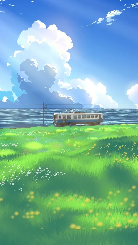 Summer Train Through Japanese Seaside - Anime Rural Landscape Loop vertical Vídeos de archivo 335523072