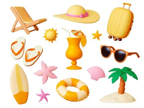 Summer travel 3d icons. Render beach elements, realistic palm tree, cocktail Stock Illustration