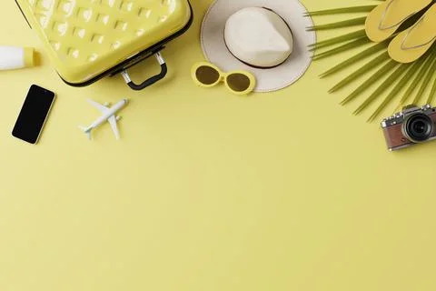 Summer travel accessories flat lay on yellow background Stock Illustration