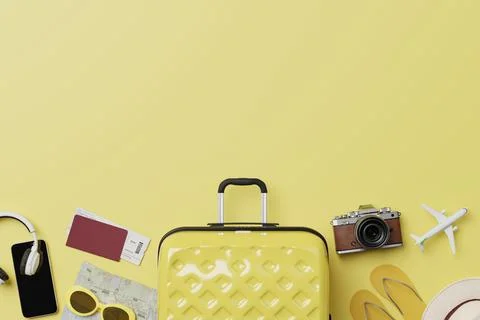 Summer travel accessories flat lay on yellow background Stock Illustration