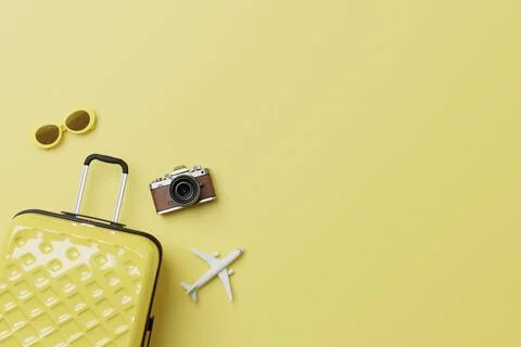 Summer travel accessories flat lay on yellow background Stock Illustration
