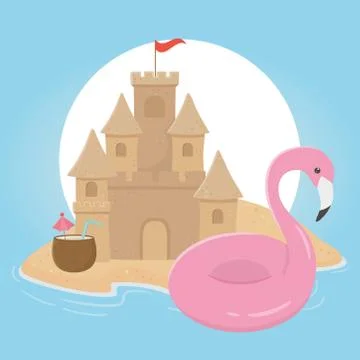 Summer travel and vacation float flamingo sand castle coconut cocktail beach Stock Illustration