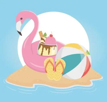 Summer travel and vacation float flamingo flip flops beach ball ice cream sand Stock Illustration