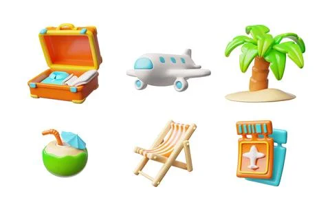 Summer travel elements 3D vector set, beach chair, travel suitcase, coconut Stock Illustration