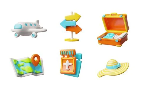 Summer travel elements 3D vector set, travel suitcase, sun hat, map, airplane Stock Illustration