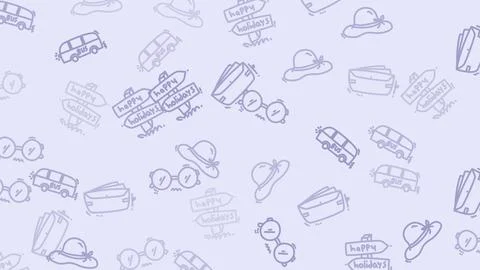 Summer Travel Essentials Pattern on Light Purple Background. Illustrazione stock