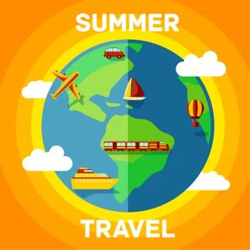 Summer travel illustration with traveling around the globe different transport Stock Illustration