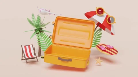Summer travel with open empty suitcase, beach chair, sunglasses, surfboard,.. Stock Footage 264730684