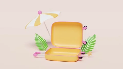 Summer travel with open empty suitcase, umbrella, leaf isolated on pink bac.. Stock Footage 276678171
